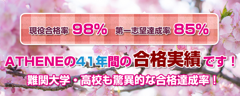 ATHENEの41年間の合格実績です！現役合格率98%、第一志望達成率85%